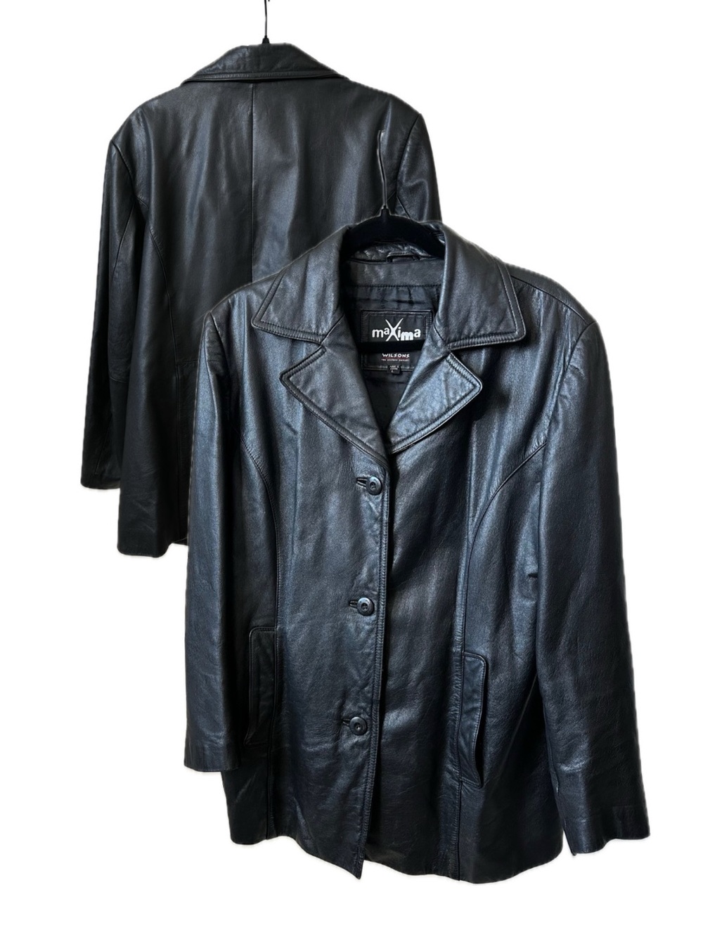 VTG 1990s WILSONS Maxima Black Leather Notched-Collar Women's Jacket-L